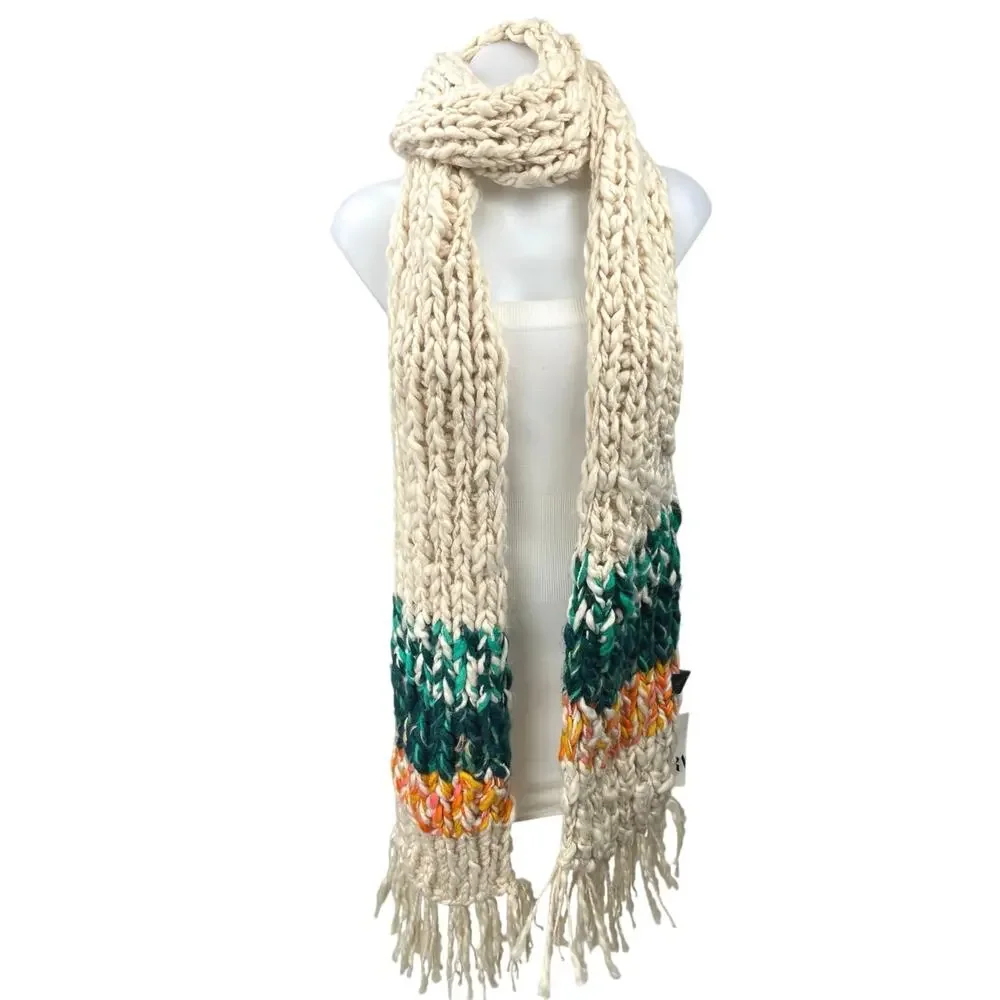 NEW Zara Cream Green Orange Crochet Chunky Knit Fringe Hem Boho Neck Scarf Sz M